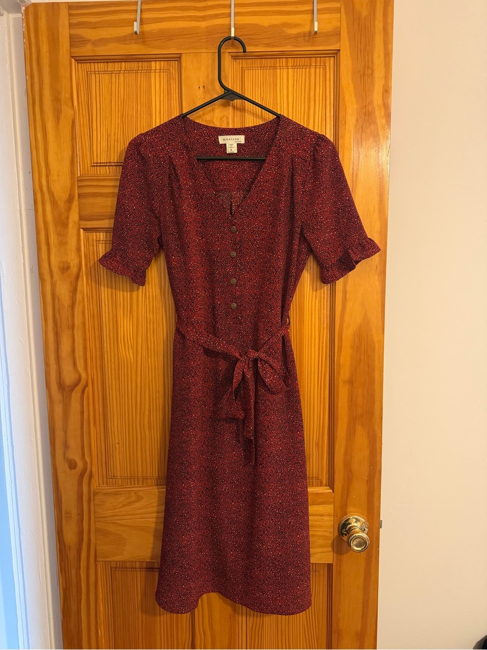 Burgundy Button-Front Tie-Waist Midi Dress